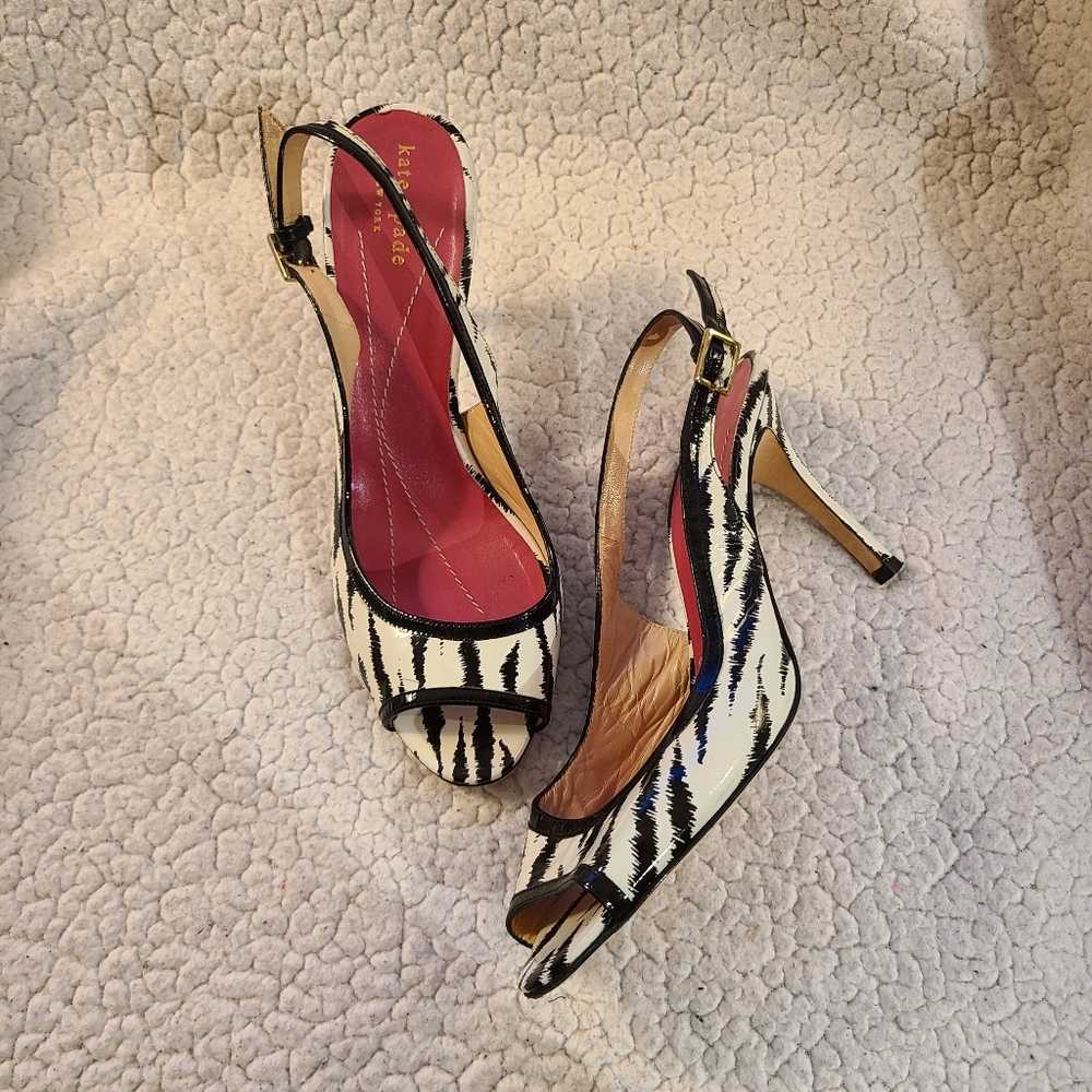 Kate Spade zebra print open-toe slingback heels
